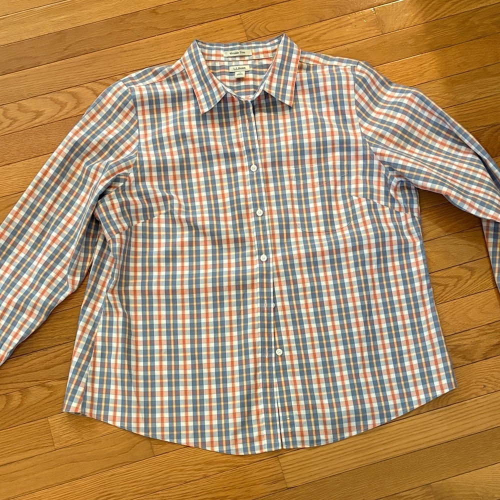 L.L. Bean Women's Blue, Orange and White Plaid Button-Down Shirt